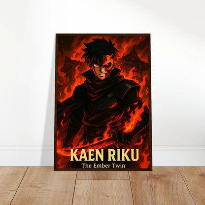 KAEN RIKU Poster an die Wand gelehnt – episches Anime-Kunstwerk mit brennendem Krieger, modernes Wanddekor mit japanischem Flair. Defa Designs Premium Print.