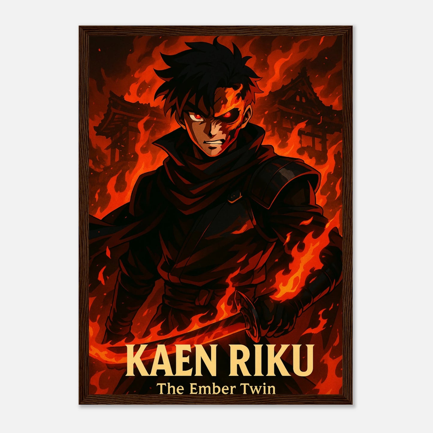 KAEN RIKU Poster im dunkelbraunen Rahmen – feuriger Anime-Kämpfer mit glühendem Blick, episches Wandbild für Liebhaber von japanischer Anime-Kunst. Defa Designs.