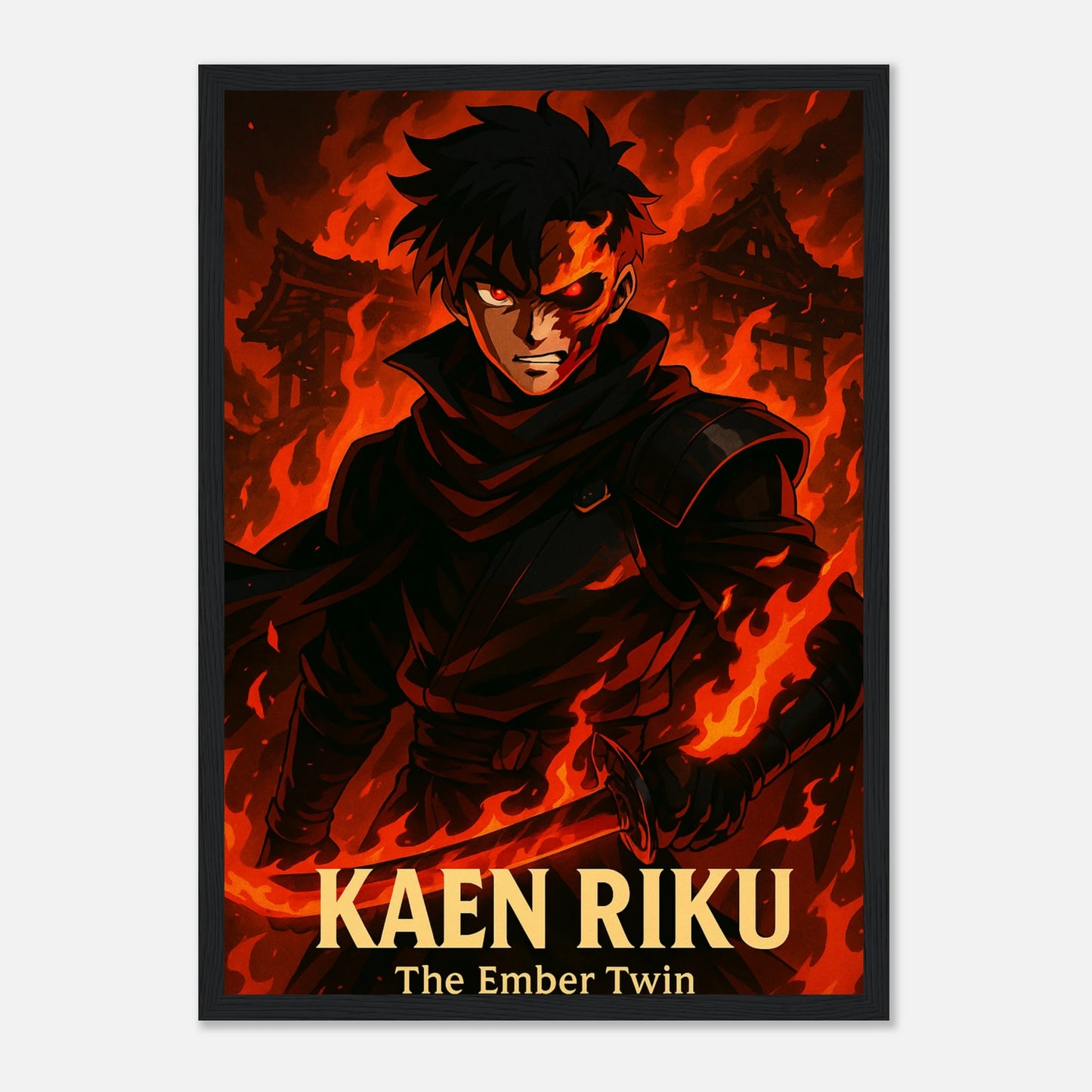KAEN RIKU Poster im schwarzen Rahmen – intensives Anime-Motiv mit feurigem Rot und düsterer Energie. Kraftvolle Wandkunst von Defa Designs.
