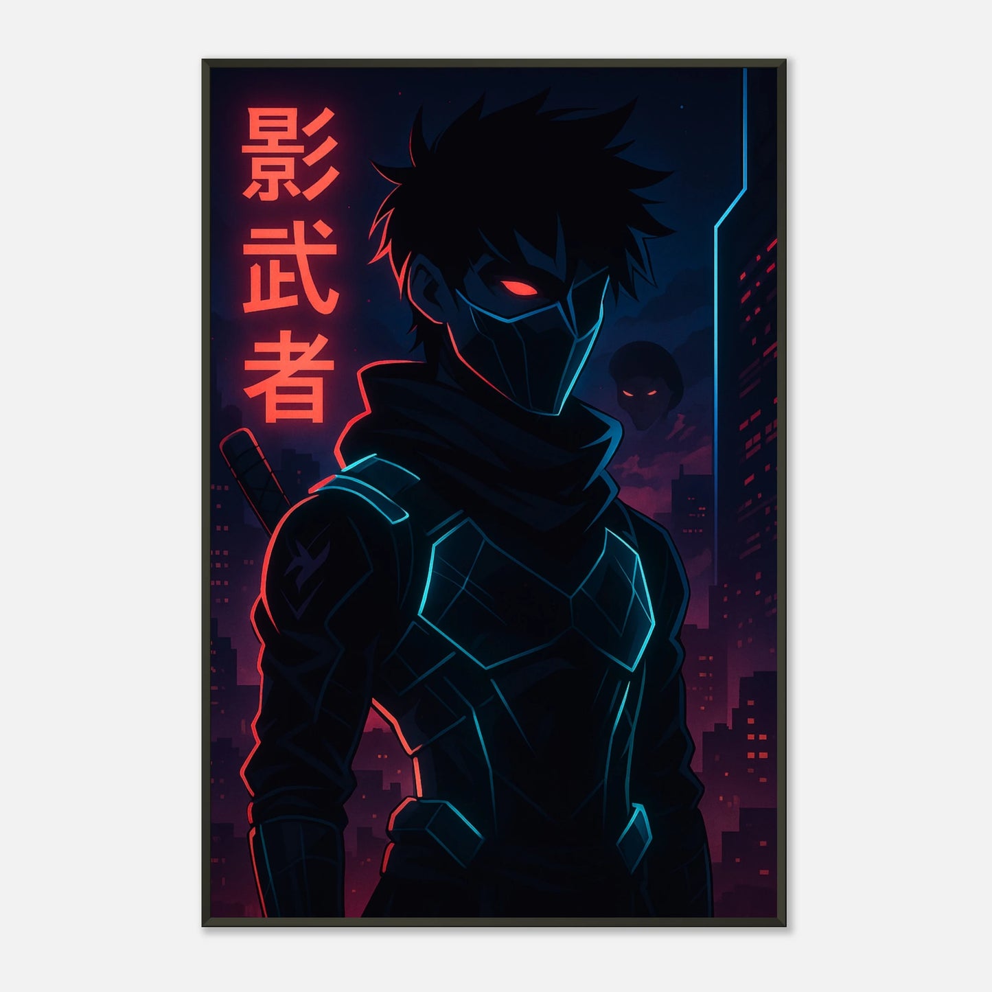 Anime Kunstdruck KAGE ZERO im schwarzen Metallrahmen – futurischer Ninja im Cyberpunk-Look mit leuchtenden Farben