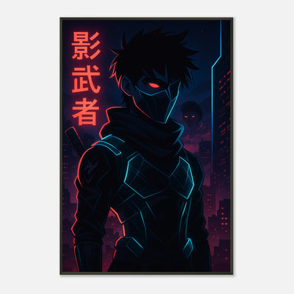 Anime Kunstdruck KAGE ZERO im schwarzen Metallrahmen – futurischer Ninja im Cyberpunk-Look mit leuchtenden Farben
