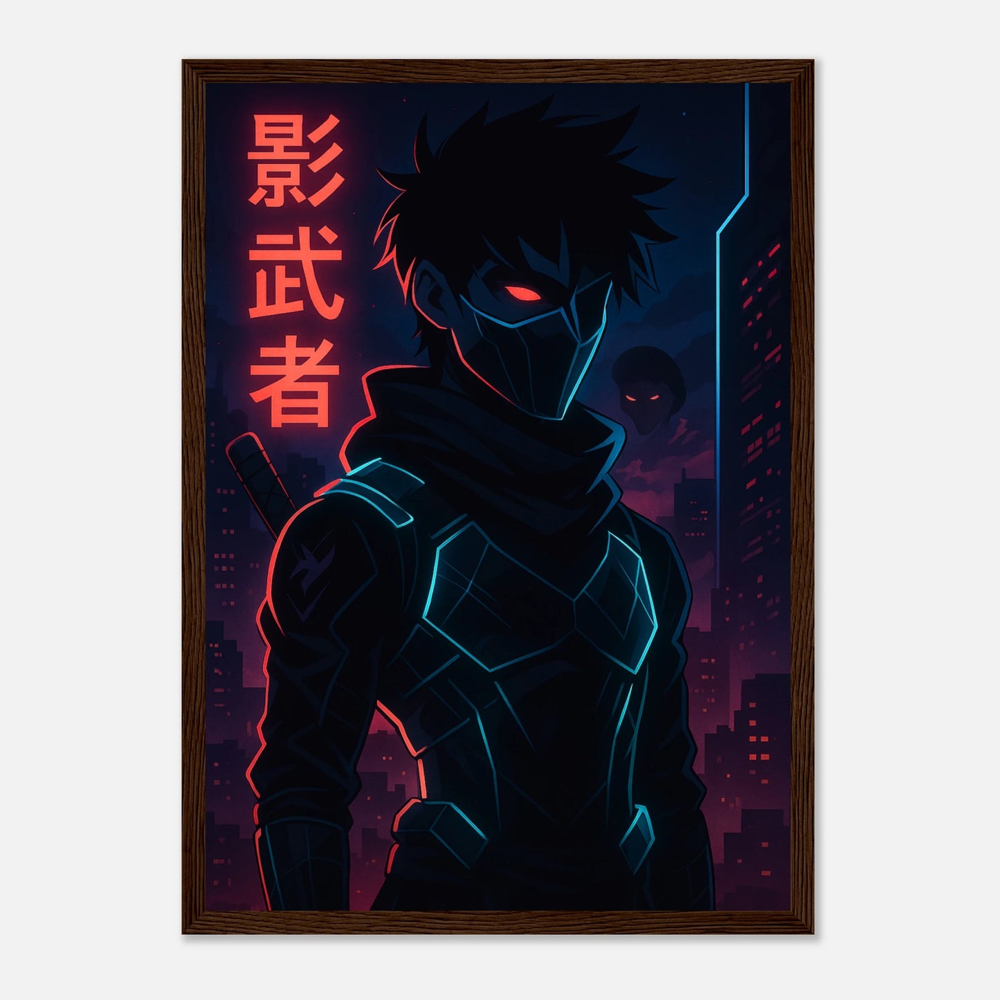 KAGE ZERO Poster im dunkelbraunen Rahmen – geheimnisvoller Samurai im Schatten mit rotem Licht, kraftvolle Cyberpunk-Anime-Ästhetik. Defa Designs Premium Art.