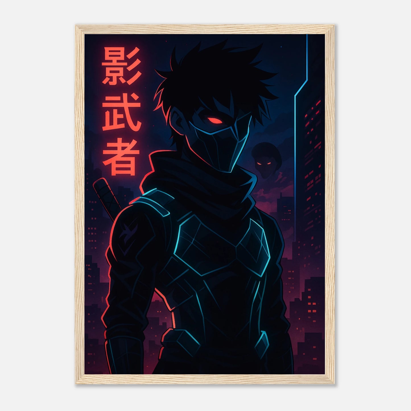KAGE ZERO Poster im hellbraunen Holzrahmen – düsterer Cyber-Samurai mit roten Neonlichtern, futuristische Anime-Kunst voller Energie und Macht. Premium-Druck von Defa Designs.