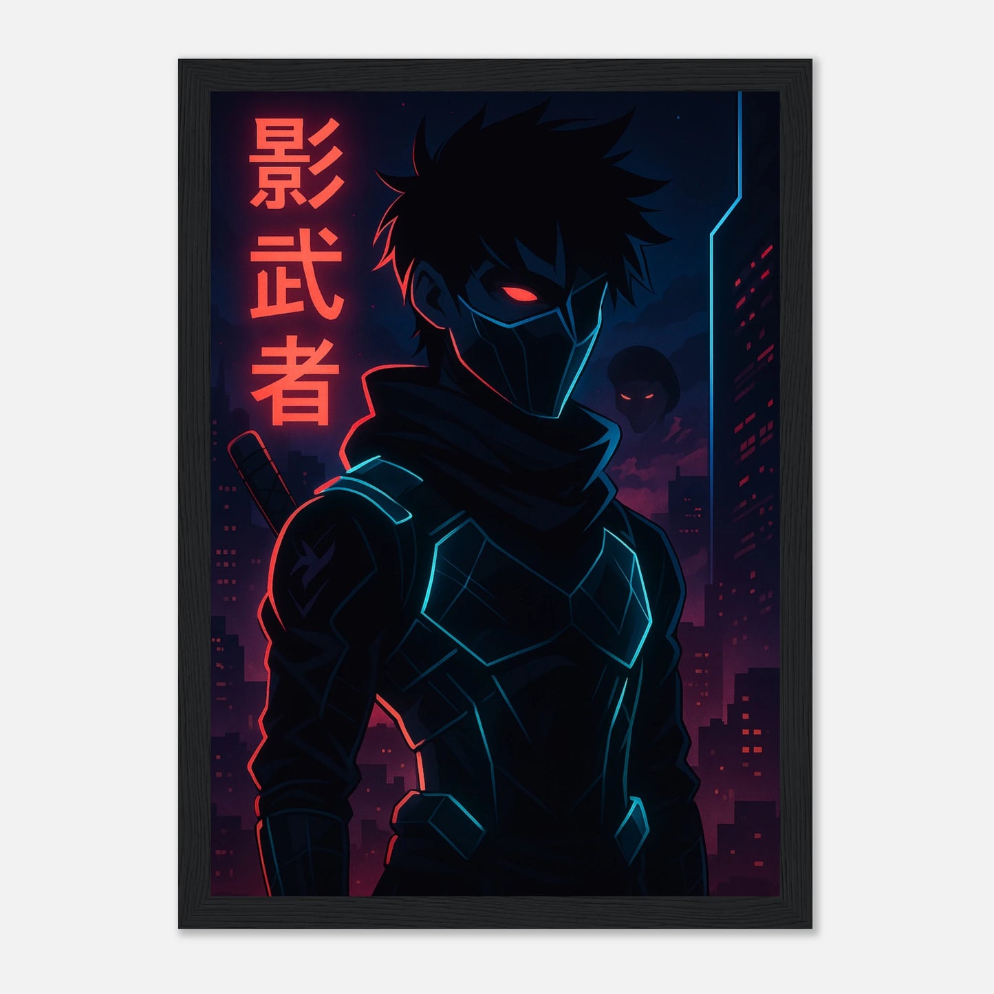 KAGE ZERO Poster im schwarzen Rahmen – intensives Anime-Kunstwerk mit rotem Neonlicht und Schattenenergie, inspiriert vom modernen Cyberpunk. Defa Designs.