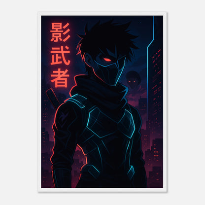 KAGE ZERO Poster im weißen Rahmen – leuchtende rote Cyber-Samurai-Kunst, Kombination aus japanischem Stil und futuristischem Design. Defa Designs.