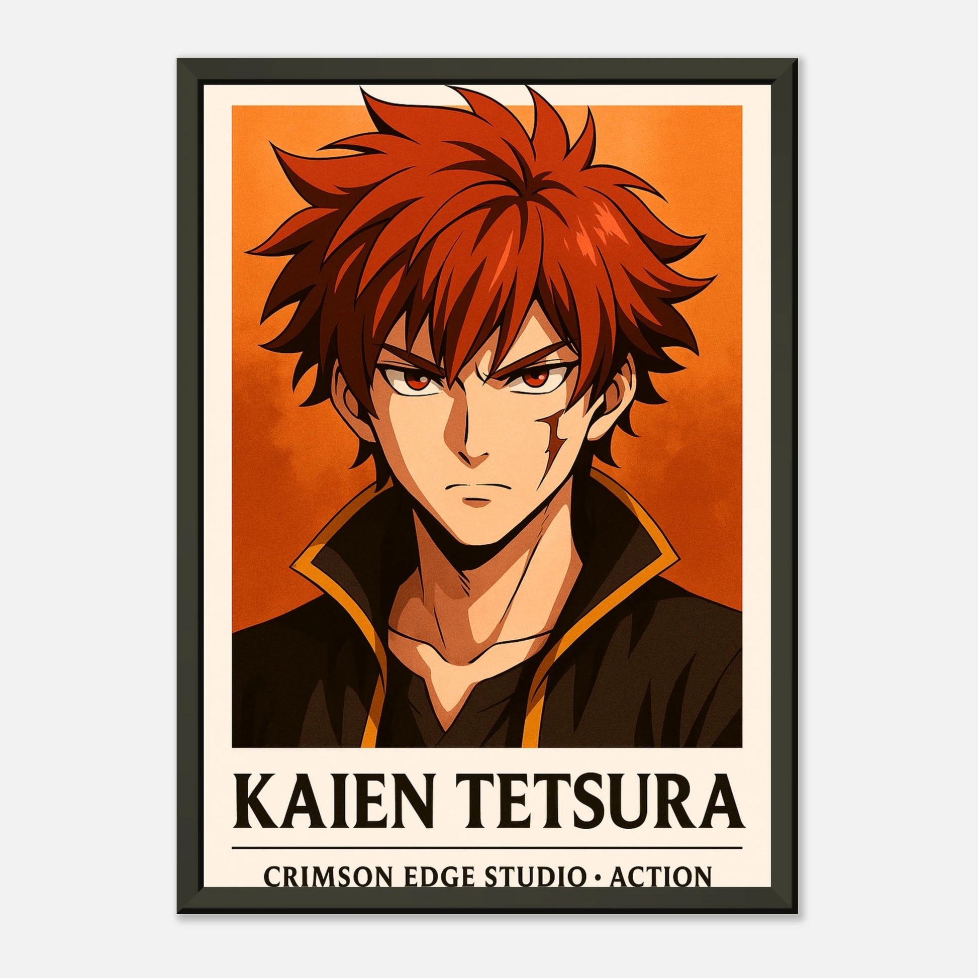 Anime-Poster „KAIEN TETSURA – Flame Born, Battle Forged“ – Charakter mit flammender Aura und heroischer Präsenz | DEFA Designs