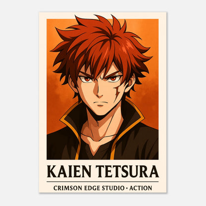 Detailansicht Anime Poster Kaien Tetsura, feuriger Krieger mit roten Haaren – moderner Anime Art Print für Fans