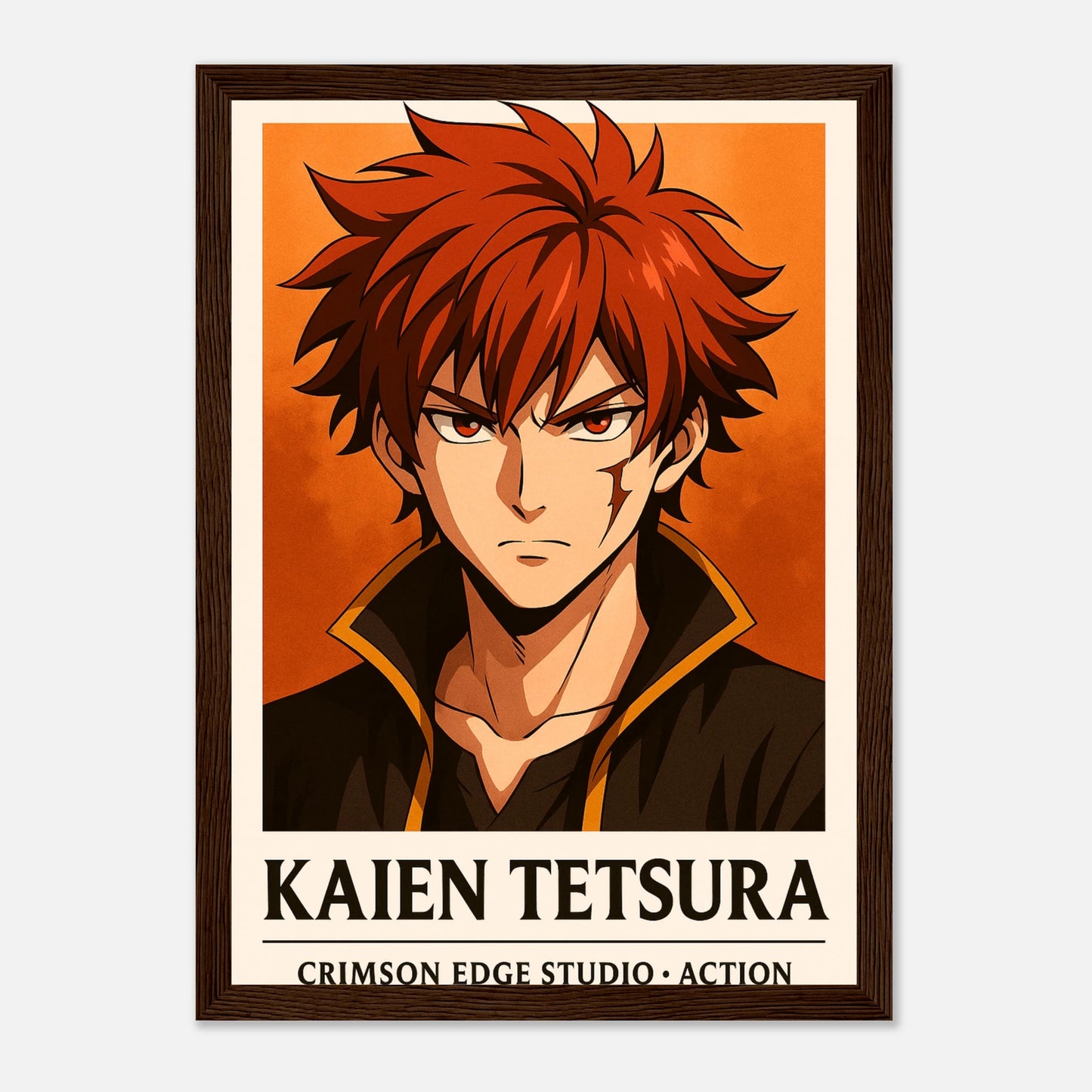 KAIEN TETSURA Poster im dunkelbraunen Holzrahmen, flammengeborener Krieger mit roten Haaren, dramatische Anime-Kunst in Premiumqualität von Defa Designs.