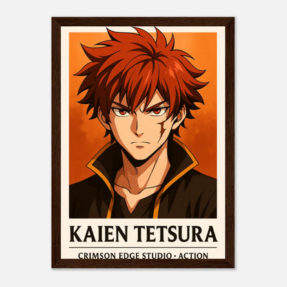 KAIEN TETSURA Poster im dunkelbraunen Holzrahmen, flammengeborener Krieger mit roten Haaren, dramatische Anime-Kunst in Premiumqualität von Defa Designs.