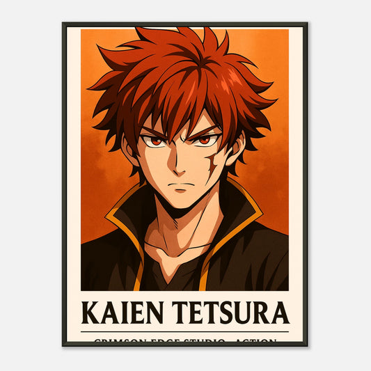 „KAIEN TETSURA — Flame Born, Battle Forged“ Poster – Anime-Kunst mit feuriger Energie & starker Entschlossenheit | DEFA Designs