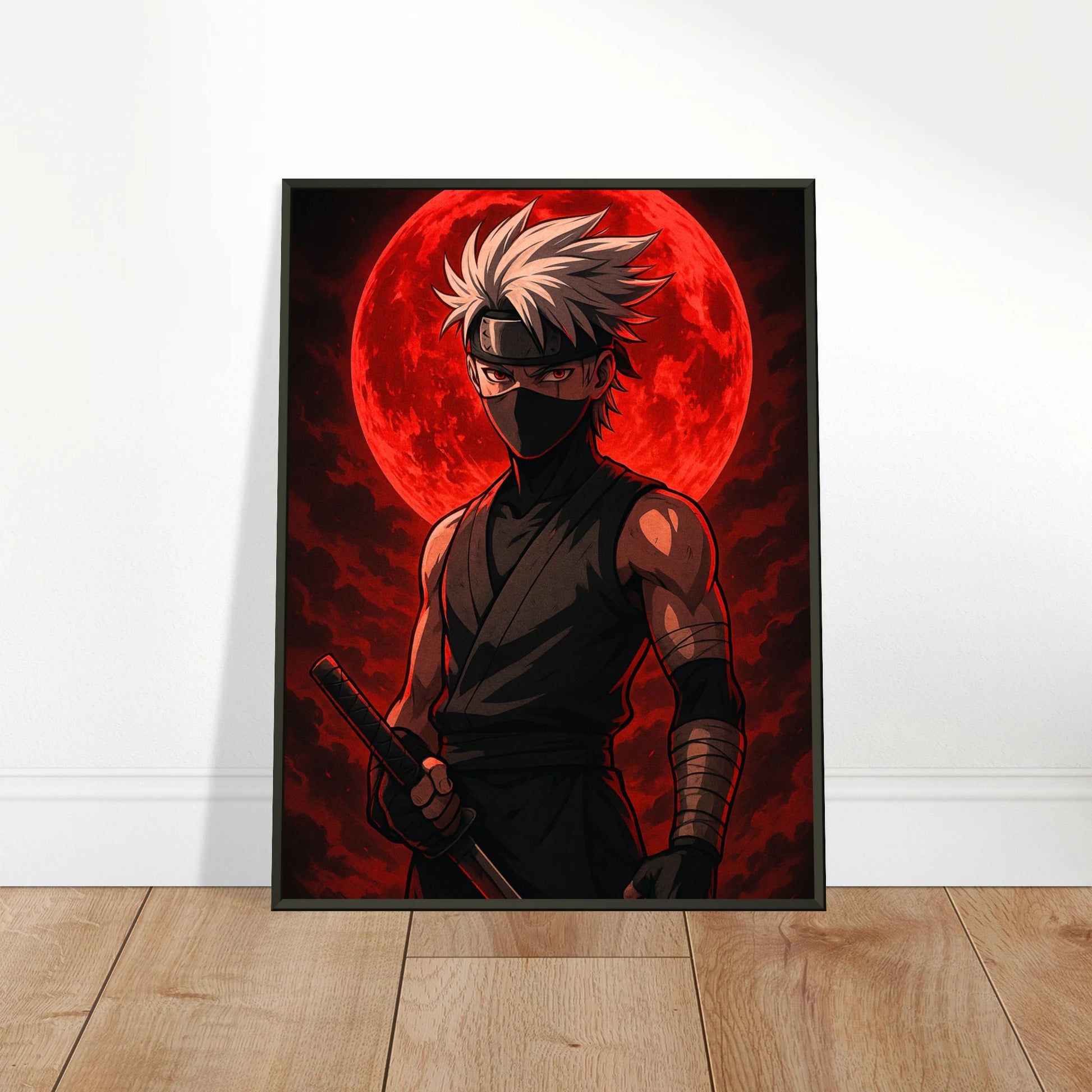 „KAZE ROKU – Blood Moon Rising“ an die Wand gelehnt – Anime-Wandkunst mit rotem Mond & düsterem Flair | DEFA Designs