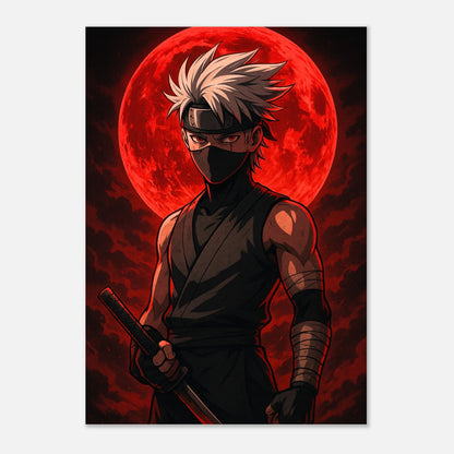Anime Poster Kaze Roku – Blood Moon Rising. Dramatischer Kunstdruck mit Ninja und rotem Mond als Wanddeko für Anime-Fans