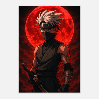 Detailansicht Anime Poster Kaze Roku mit blutigem Mond im Hintergrund – moderner Kunstdruck für Anime Liebhaber