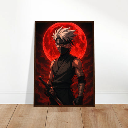 KAZE ROKU Anime Poster an die Wand gelehnt, Samurai mit Maske und Blutmond, japanische Fantasy-Wandkunst in dunklen Rottönen von Defa Designs.