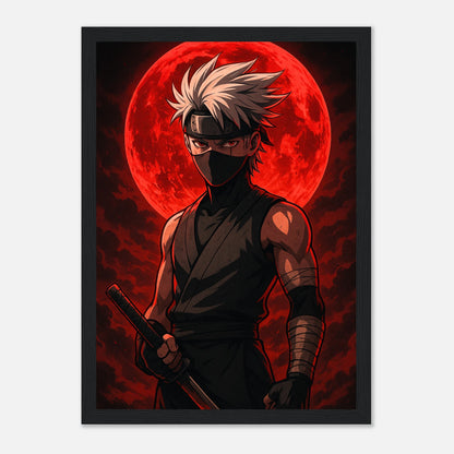 KAZE ROKU – Blood Moon Rising Poster im schwarzen Rahmen, geheimnisvoller Samurai unter rotem Mondlicht, epische japanische Anime-Kunst von Defa Designs.