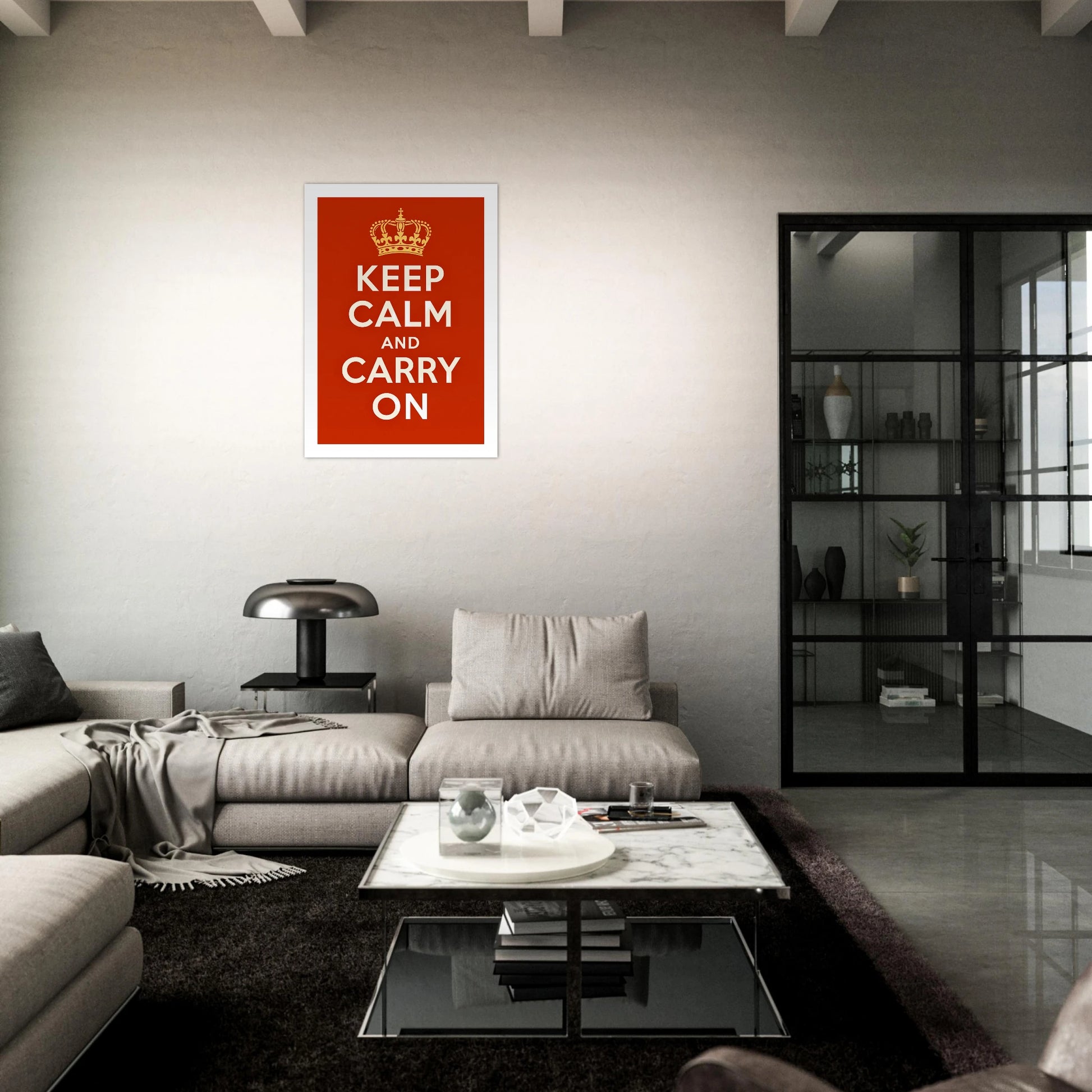Keep Calm and Carry On wall art – classic motivational poster in stylish modern living room
