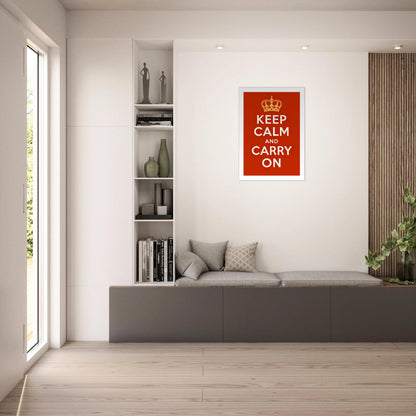 Keep Calm and Carry On poster – iconic red motivational wall art in bright modern living room