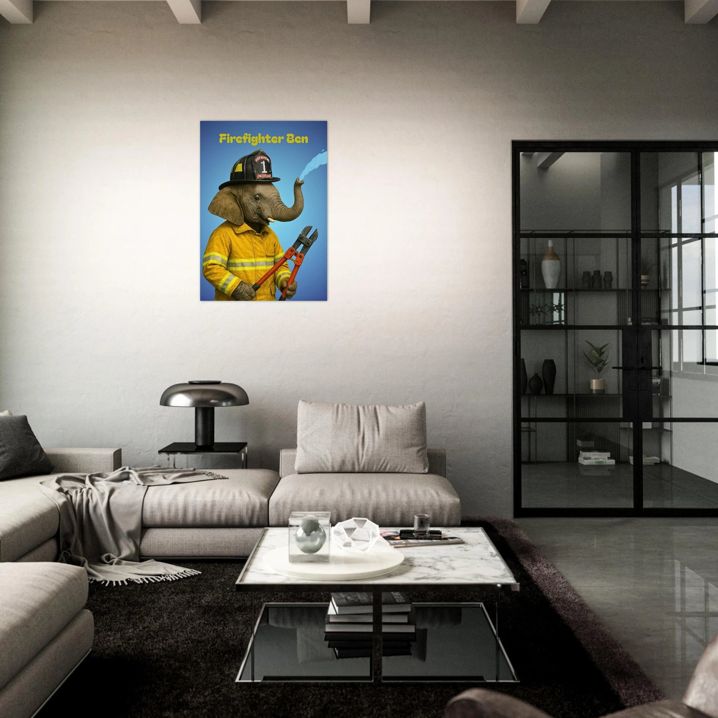 Kids room Firefighter Ben elephant wall art poster, playful and inspiring children’s wall decor.