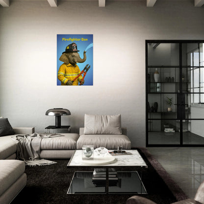 Kids room Firefighter Ben elephant wall art poster, playful and inspiring children’s wall decor.
