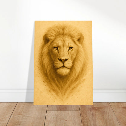 Lion poster on living room wall – Scandinavian minimalist decor with bold animal presence.