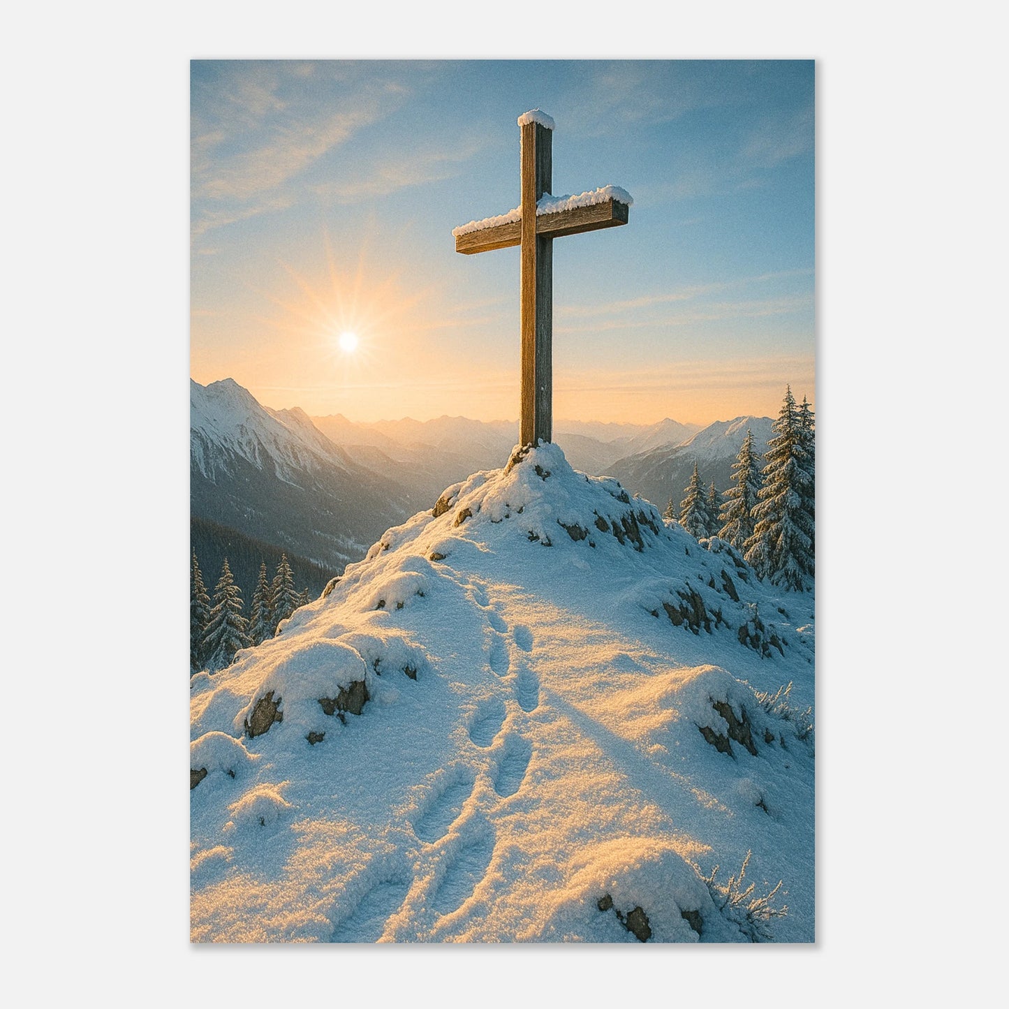 Nahaufnahme des Posters „Light Over the Peaks“ – Kreuz im Schnee mit sanftem Sonnenlicht als religiöses Wandbild