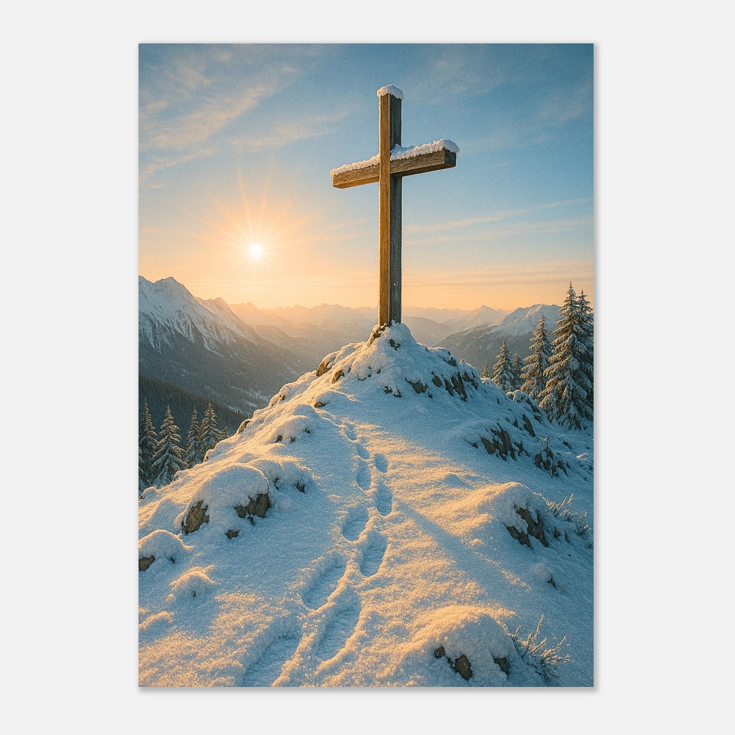 Poster „Light Over the Peaks“ mit Kreuz auf verschneitem Berg bei Sonnenaufgang – spirituelles Naturmotiv für deine Wand

