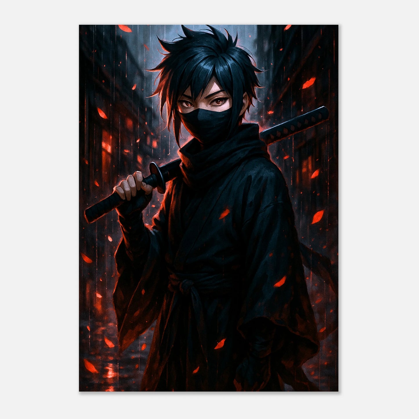 Anime Poster Kura Yami – Whisper in the Rain. Dunkler Ninja-Krieger im Regen mit Schwert, hochwertiger Kunstdruck für Anime Fans weltweit