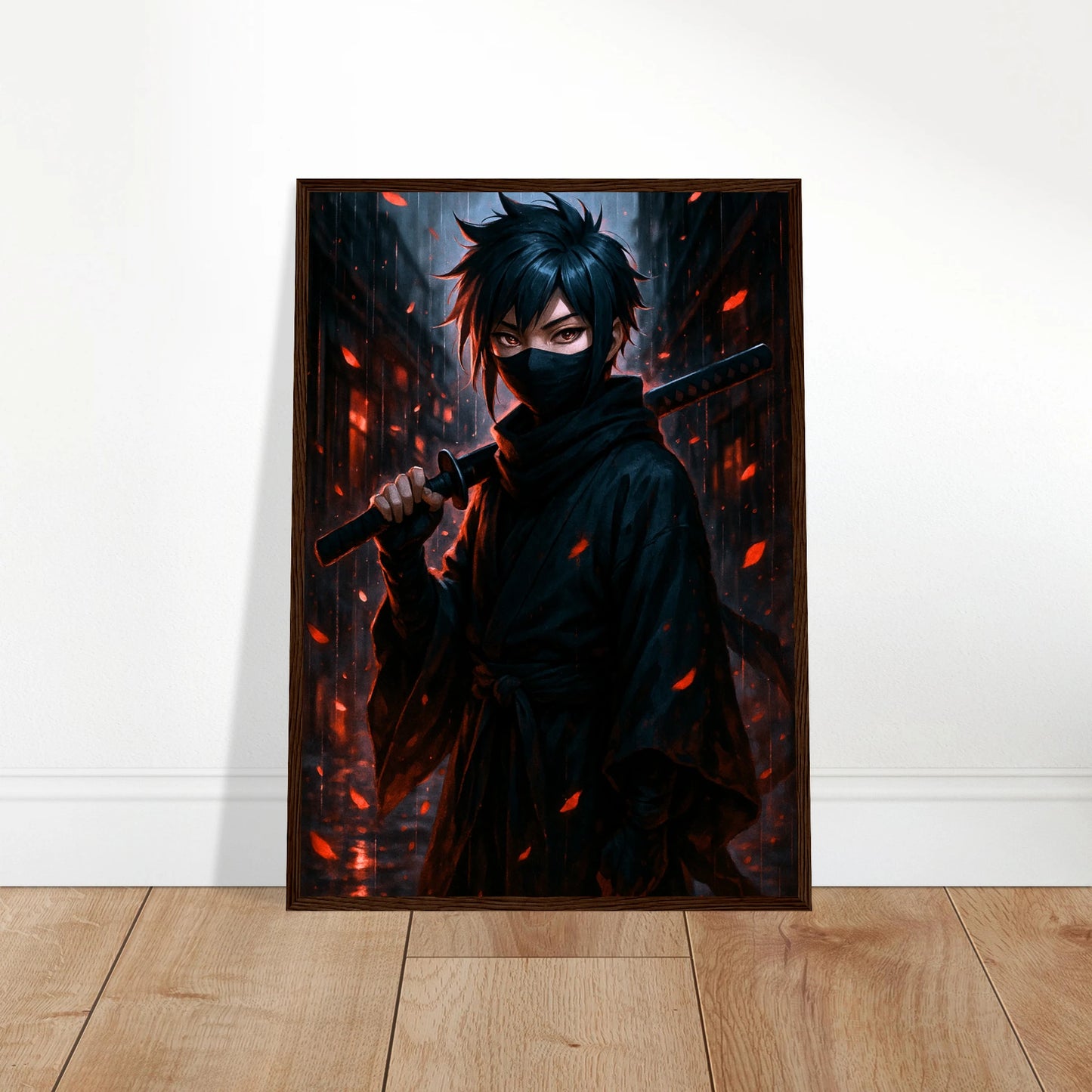 KURA YAMI Poster an die Wand gelehnt – stilvolle Anime-Kunst mit dunklem Samurai, perfekt für moderne Wohnräume. Defa Designs hochwertige Wanddekoration.