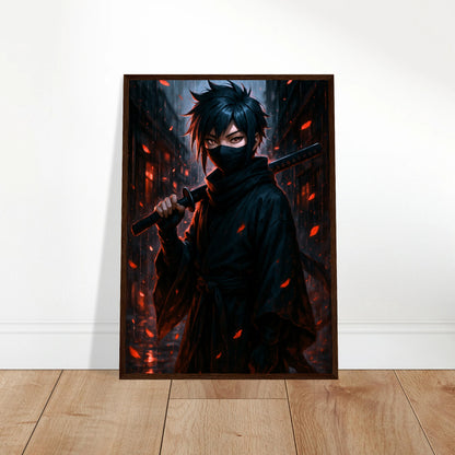 KURA YAMI Poster an die Wand gelehnt – stilvolle Anime-Kunst mit dunklem Samurai, perfekt für moderne Wohnräume. Defa Designs hochwertige Wanddekoration.
