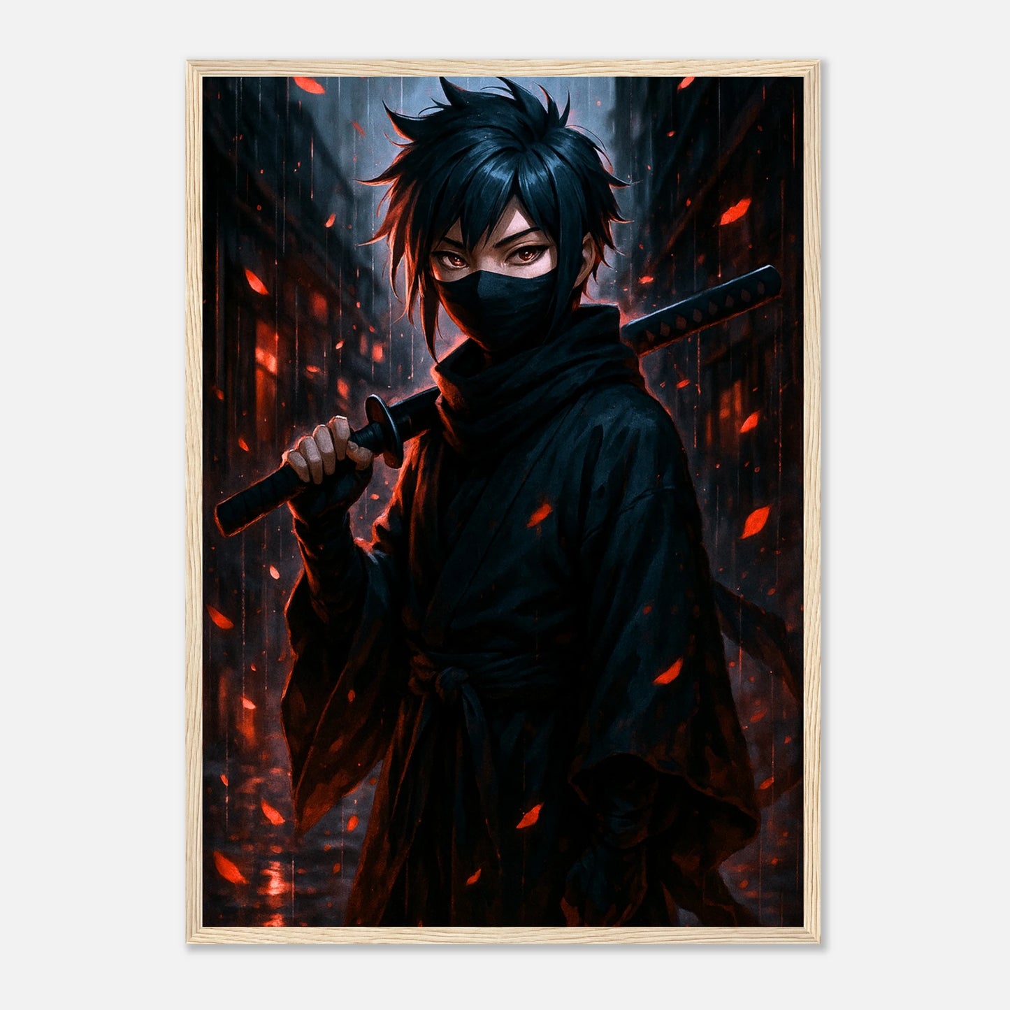 KURA YAMI Poster im hellbraunen Holzrahmen – mystischer Samurai im Regen, rotes Glühen und dunkle Atmosphäre. Edles Anime-Wandbild von Defa Designs.