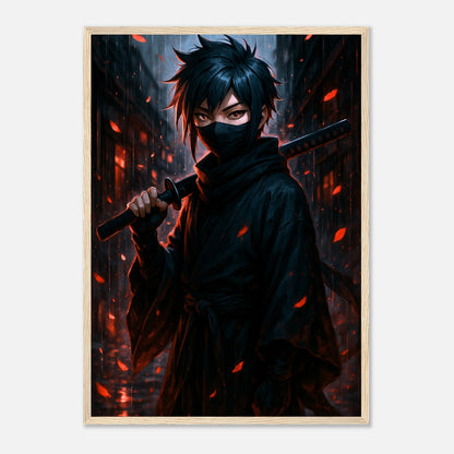 KURA YAMI Poster im hellbraunen Holzrahmen – mystischer Samurai im Regen, rotes Glühen und dunkle Atmosphäre. Edles Anime-Wandbild von Defa Designs.