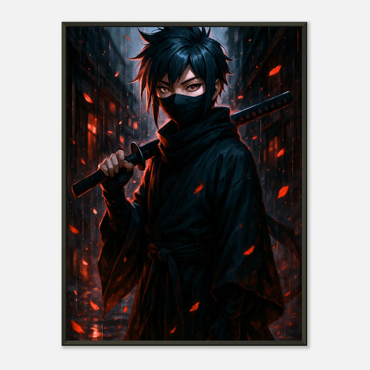 „KURA YAMI – Whisper in the Rain“ Poster – dunkler Samurai im Regen mit roter Energie & Klinge | DEFA Designs