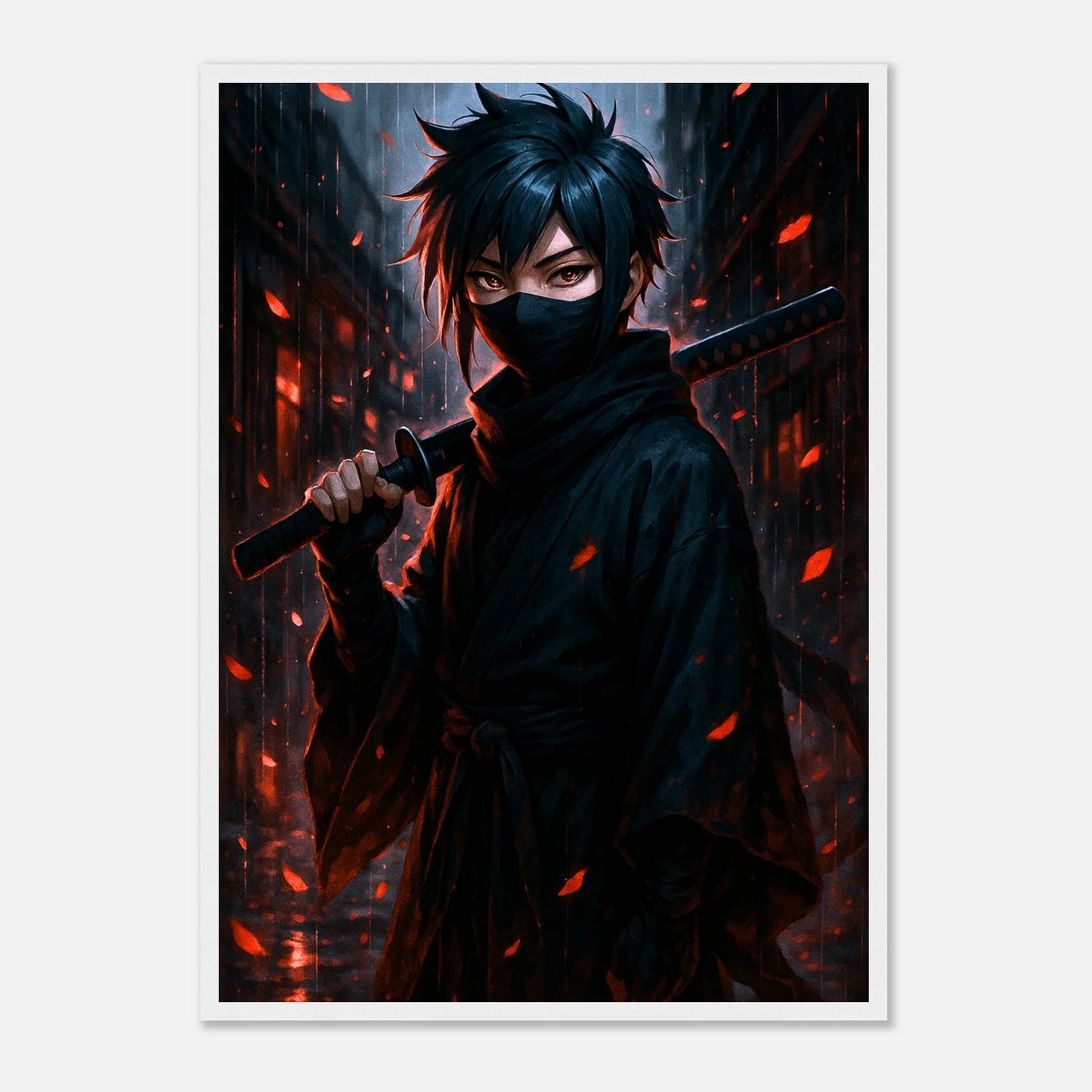 KURA YAMI Poster im weißen Rahmen – Samurai mit Katana in der Dunkelheit, reflektiertes Licht und regnerische Stimmung. Elegante Anime-Kunst von Defa Designs.