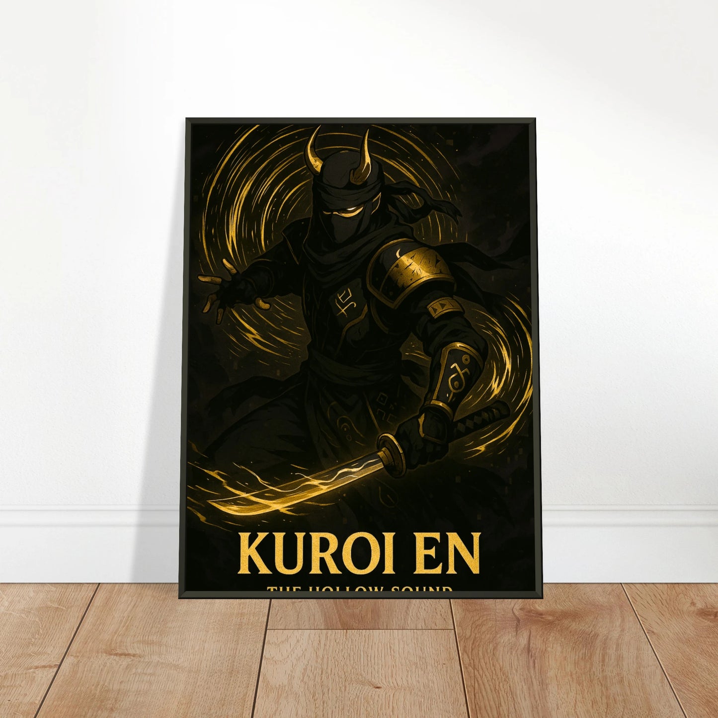 Kuroi En Samurai Ninja Poster im schwarzen Metallrahmen – an die Wand gelehnt auf Holzoberfläche, moderne Anime Deko.