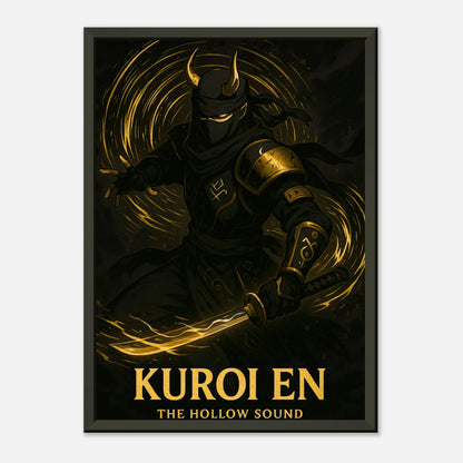 Kuroi En Samurai Ninja Poster – seitliche dynamische Ansicht im schwarzen Metallrahmen, detailreiche Anime-Kampfkunst.