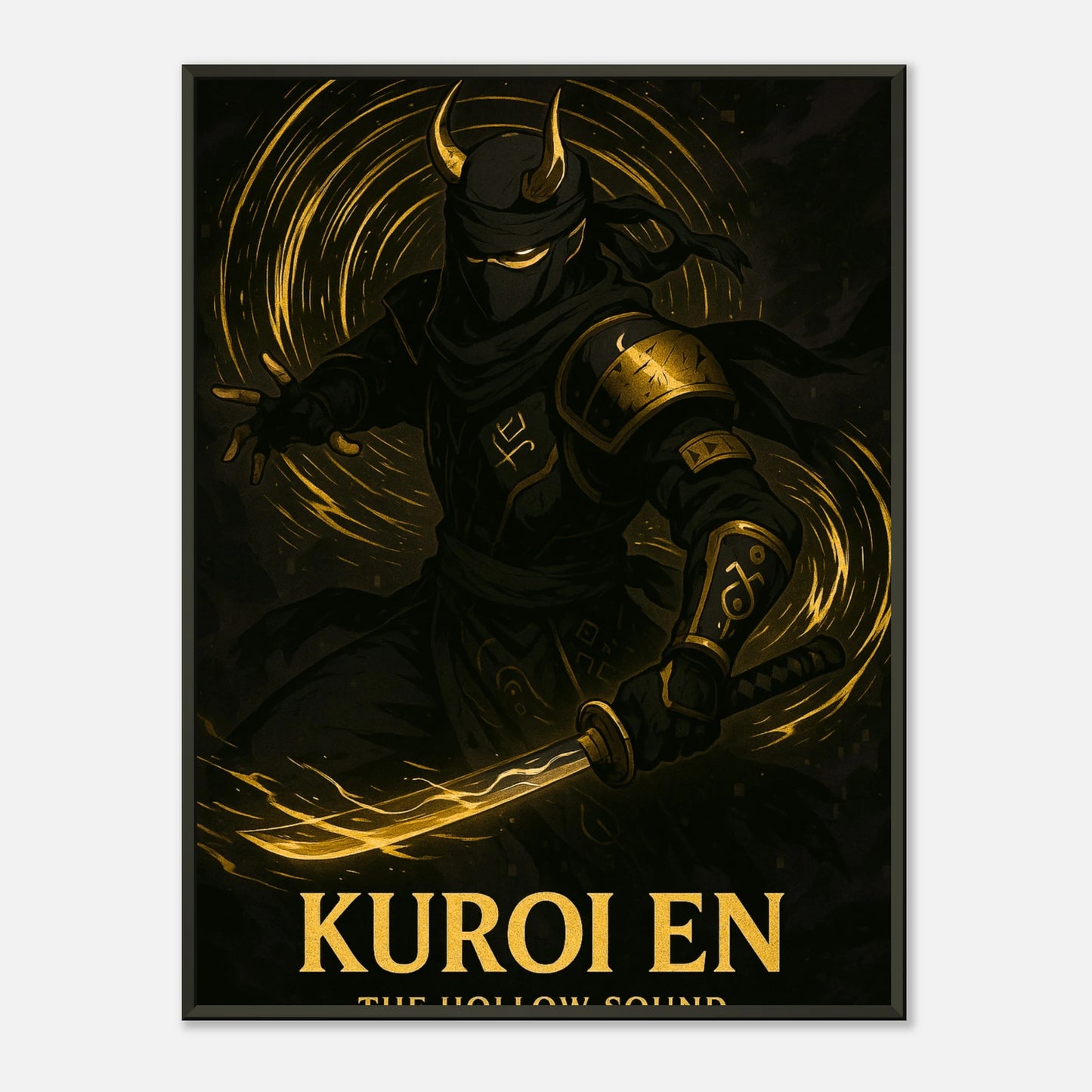 Kuroi En Samurai Ninja Poster in dunkler Gold-Optik – Frontansicht im schwarzen Metallrahmen, epische Anime Wandkunst.