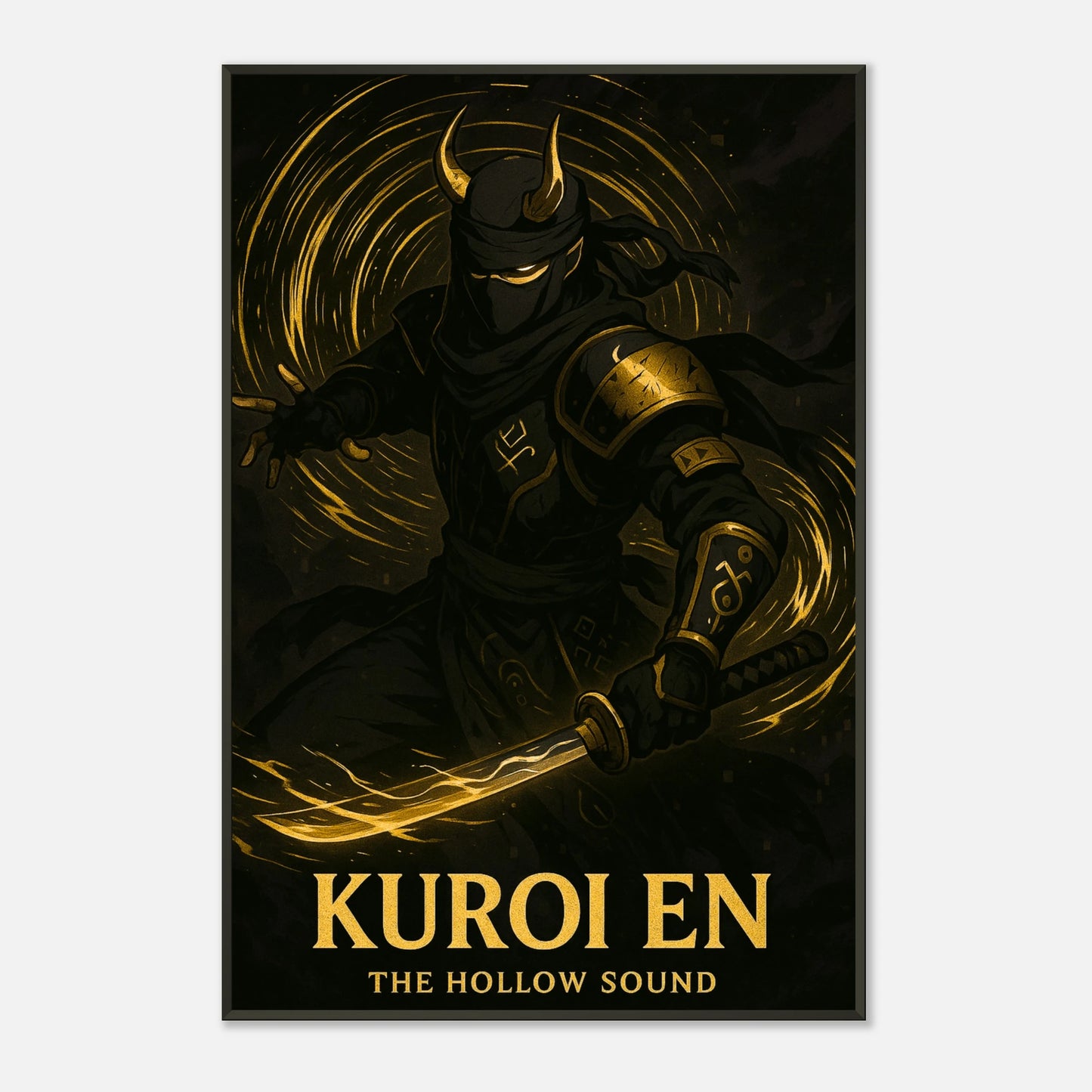 Kuroi En Samurai Poster – Nahaufnahme des Designs im schwarzen Metallrahmen, goldene Schatten und dunkle Energie.