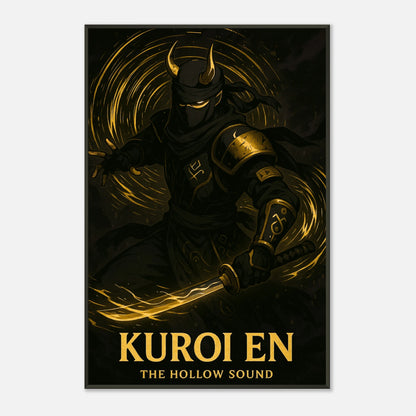 Kuroi En Samurai Poster – Nahaufnahme des Designs im schwarzen Metallrahmen, goldene Schatten und dunkle Energie.