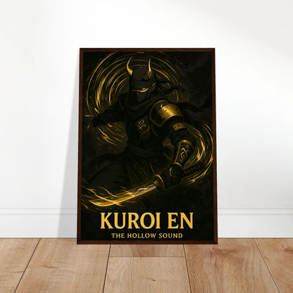 KUROI EN Poster an die Wand gelehnt – goldschwarzes Samurai-Kunstwerk mit edler Optik, ideal für Wohnzimmer, Büro oder Gaming-Setup.