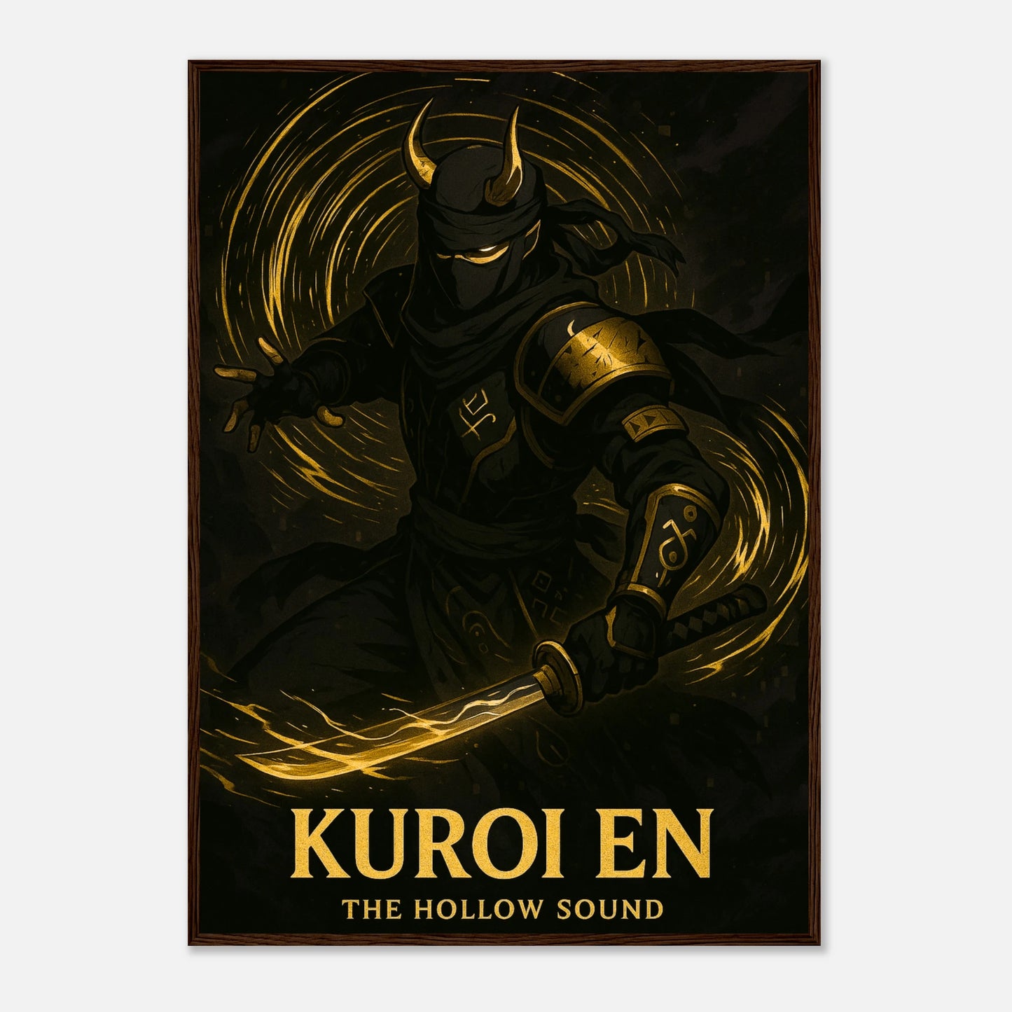 KUROI EN Poster im dunkelbraunen Holzrahmen – kraftvolle goldene Samurai-Figur in tiefer Dunkelheit. Anime-Kunst im Premiumdruck von Defa Designs.
