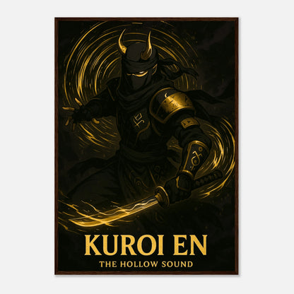 KUROI EN Poster im dunkelbraunen Holzrahmen – kraftvolle goldene Samurai-Figur in tiefer Dunkelheit. Anime-Kunst im Premiumdruck von Defa Designs.