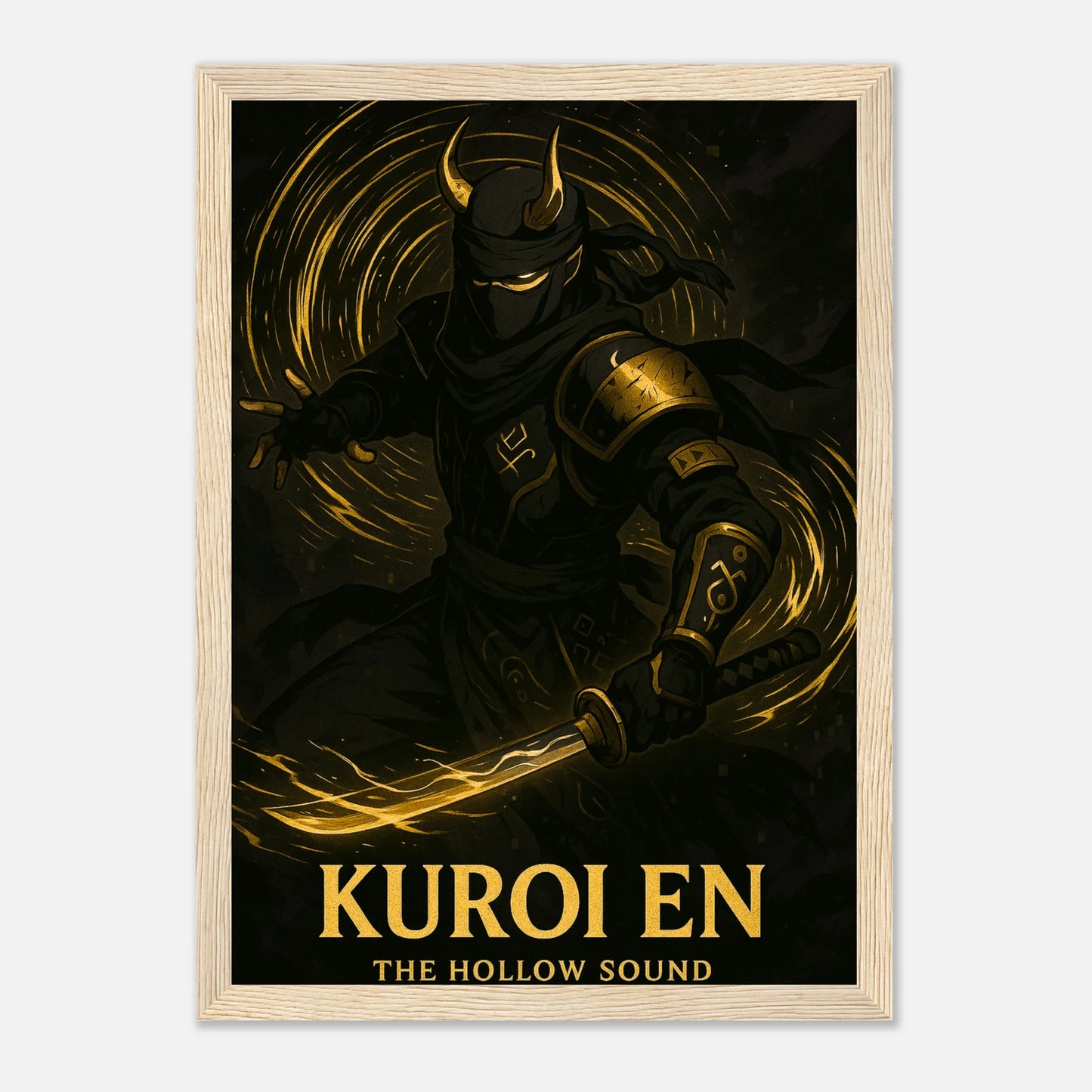 KUROI EN Poster mit hellbraunem Holzrahmen – goldschwarze Samurai-Kunst mit mystischer Energie und stiller Kraft. Japanisch inspiriertes Anime-Design von Defa Designs.