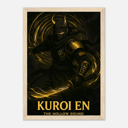 KUROI EN Poster mit hellbraunem Holzrahmen – goldschwarze Samurai-Kunst mit mystischer Energie und stiller Kraft. Japanisch inspiriertes Anime-Design von Defa Designs.