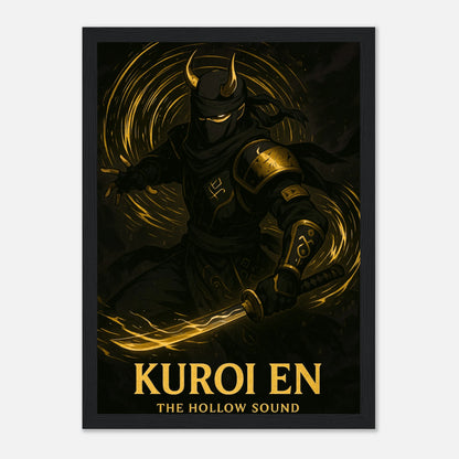 KUROI EN Poster im schwarzen Rahmen – intensives Samurai-Porträt mit goldener Lichtreflexion, inspiriert von japanischer Kampfkunst und Schattenästhetik.
