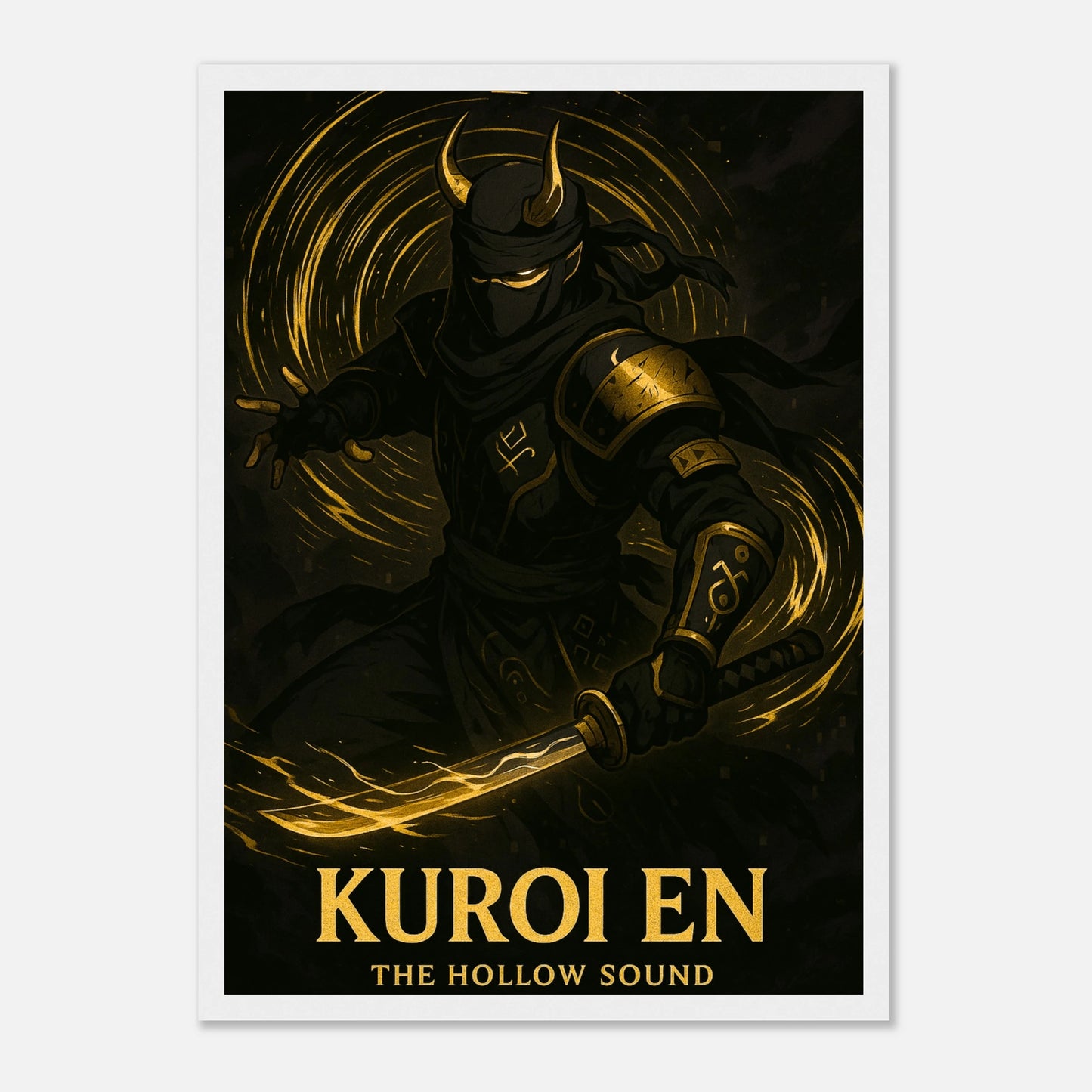 KUROI EN Poster im weißen Rahmen – stilvolles Anime-Motiv mit goldschwarzem Samurai, minimalistisches Design und luxuriöser Kunstdruck-Qualität.