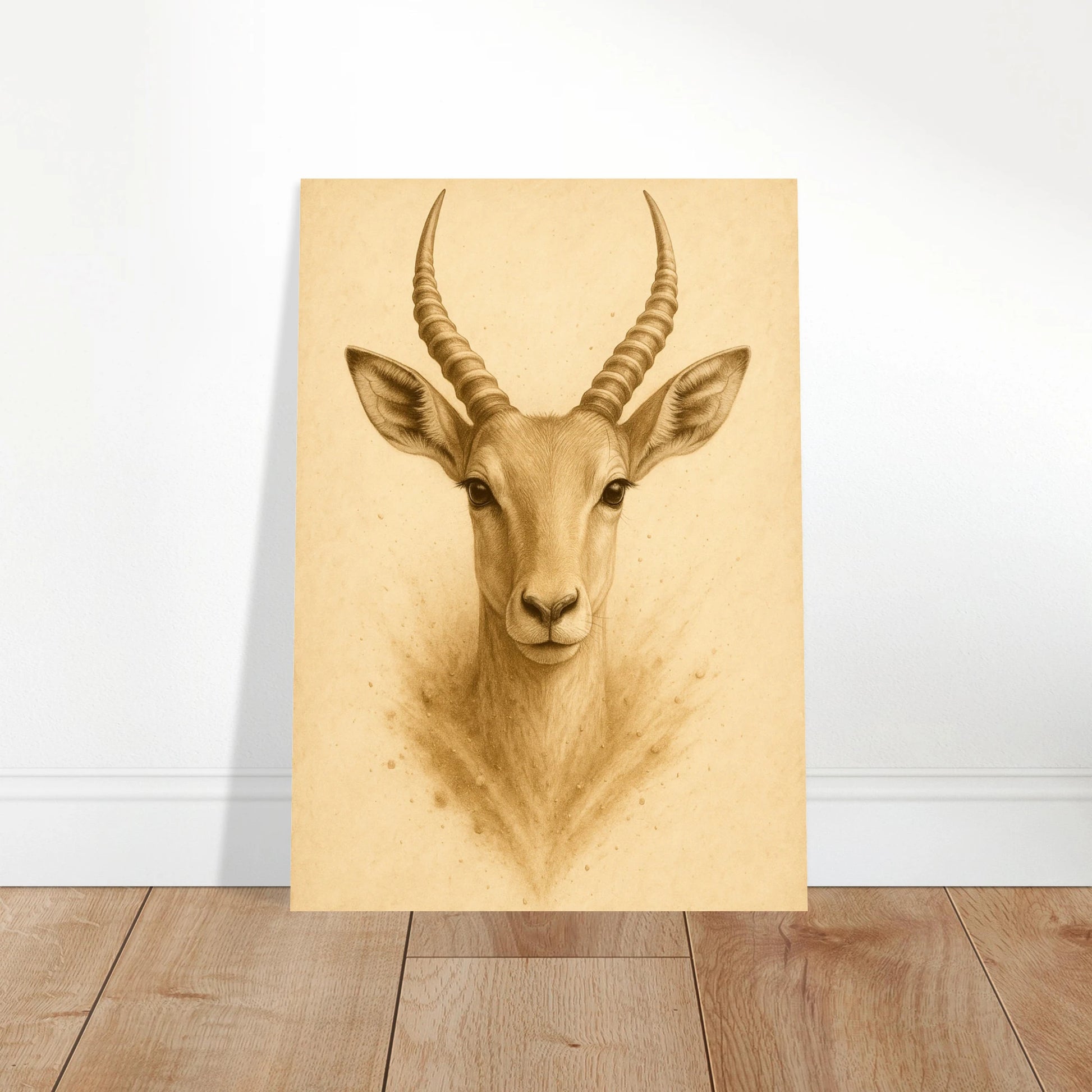 Large antelope wall art poster displayed in modern living room, wildlife nature print for home decor.