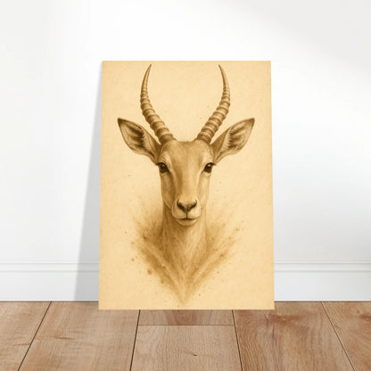 Large antelope wall art poster displayed in modern living room, wildlife nature print for home decor.