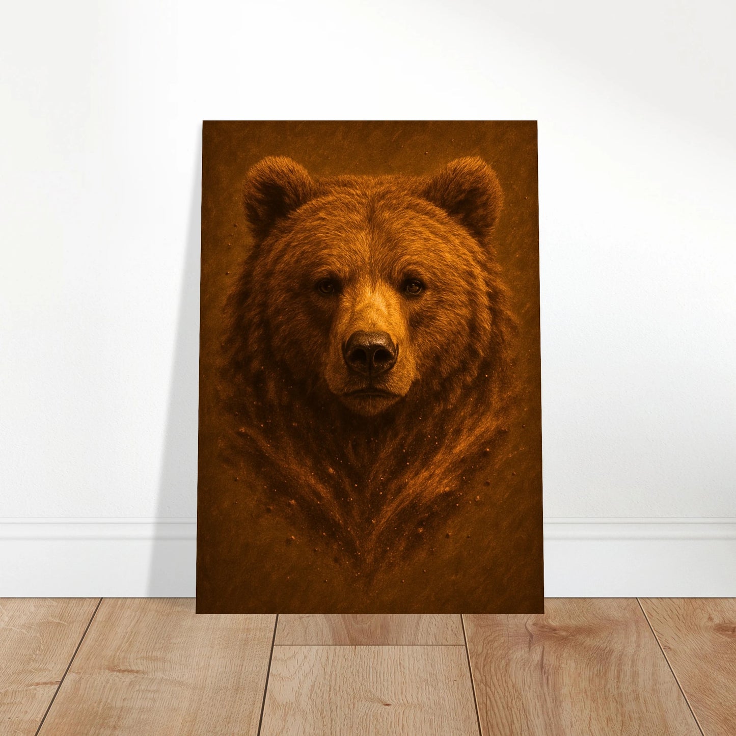 Large bear wall art poster displayed in modern living room, wildlife nature print for home decoration.