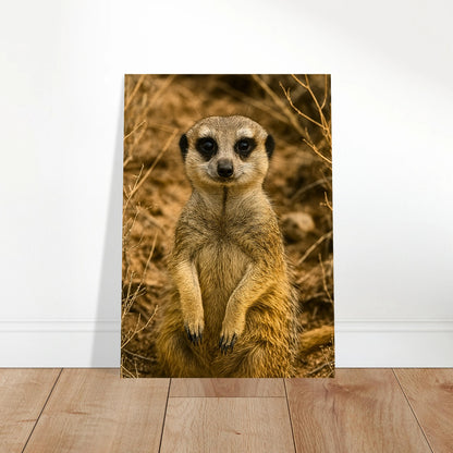 Large meerkat wall art poster displayed in modern living room, wildlife nature print for home decoration.