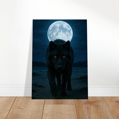 Large wolf wall art full moon nature poster displayed in modern living room interior.

